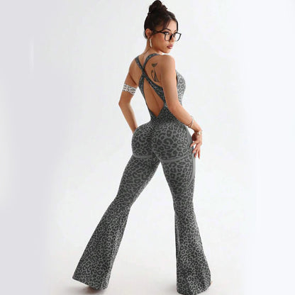 NVWA Women'S Leopard Print Flared Sports Jumpsuit - Backless Cut, Sexy Hollow Cross-Twisted Back, High-Waisted Gym Bodysuit, Cooling Quick-Drying Figure-Flattering Comfy, Sports Clothes, Outfits, Yoga Wear for Yoga, Workout, Outdoor Fun,Summervibes