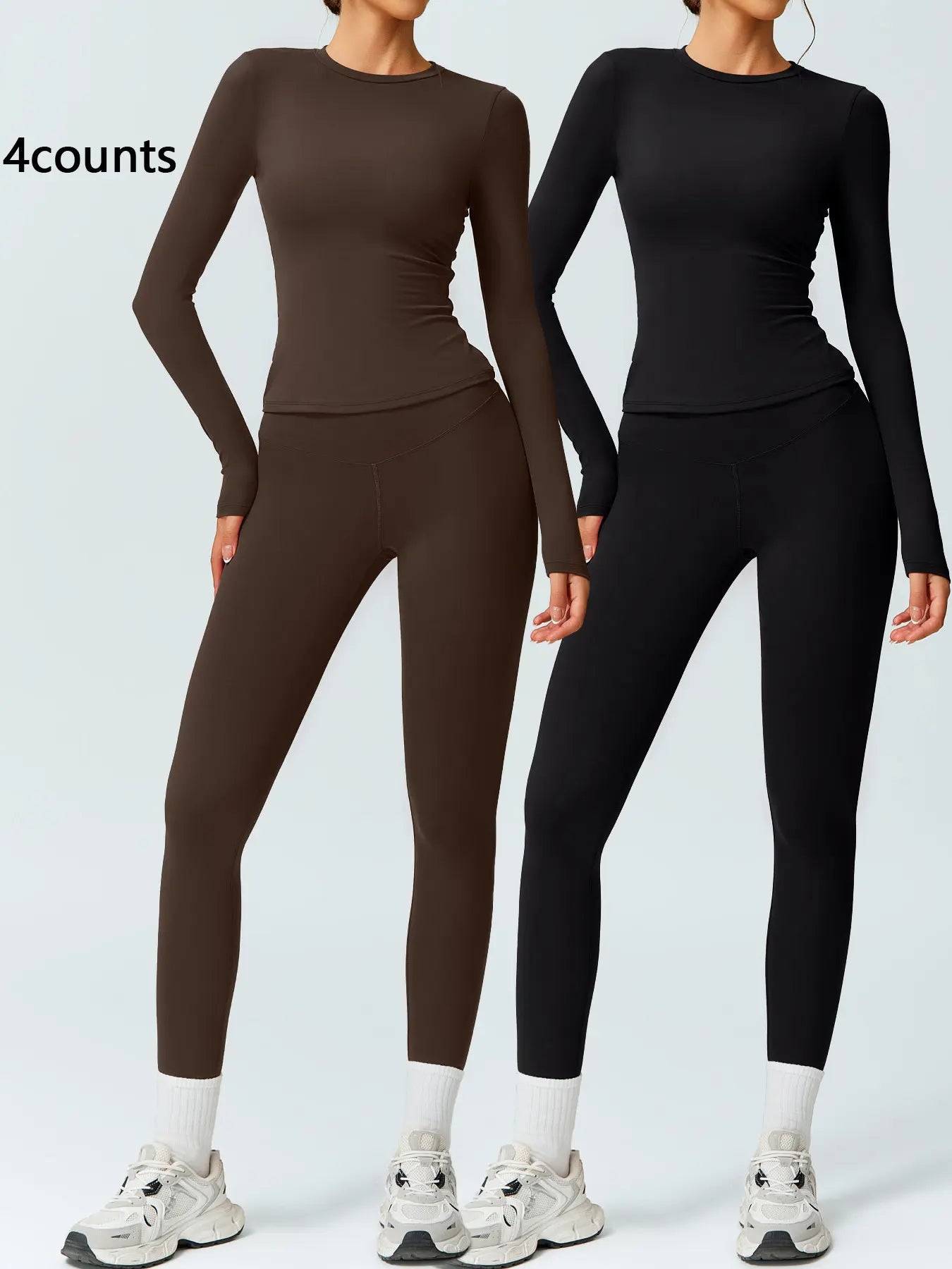 Two-Piece Set Women'S Patchwork High Elastic Soft round Neck Flat Shoulder Long Sleeve Slim Fit Beautiful Hip Tight Pants Yoga Clothes Suit Workout Running Clothes Four Seasons Outdoor Running Cycling Hiking Walking Shopping Fashion Suit Gym