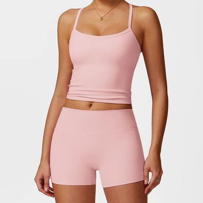 MFVIM Women'S Yoga Wear Backless Lace up Sports Bra and High Waisted Hip Lifting Shorts Matching Workout Set Butt-Lifting Pilates Improver Suit Sleeveless Gym Tops Lightweight Activewear Running Outfits Sporty Style Clothes