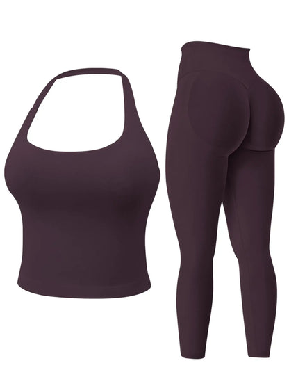 Two-Piece Set Women'S Solid Seamless Crop Tank Top & High Waist Leggings Tracksuit Set Gym Sets, Sporty Casual Breathable Comfortable Outfits for Yoga Gym Workout Running, Ladies Sportswear for All Seasons, Fitness Outfit, Fitness Clothing