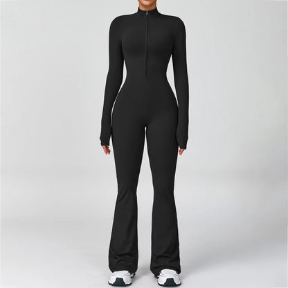 NVWA Women'S Long Sleeve Flared Zipper Covered Bust Sports Jumpsuit - Wide Leg Bodysuit, Athletic Style Activewear, Workout Gym Clothing, Stylish Activewear, Fitness Outfits for Gym, Pilates, Outdoor Fun,Summervibes