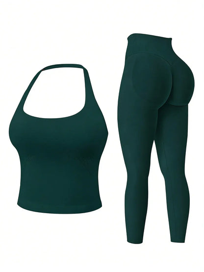 Two-Piece Set Women'S Solid Seamless Crop Tank Top & High Waist Leggings Tracksuit Set Gym Sets, Sporty Casual Breathable Comfortable Outfits for Yoga Gym Workout Running, Ladies Sportswear for All Seasons, Fitness Outfit, Fitness Clothing