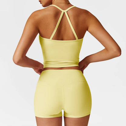 MFVIM Women'S Yoga Wear Backless Lace up Sports Bra and High Waisted Hip Lifting Shorts Matching Workout Set Butt-Lifting Pilates Improver Suit Sleeveless Gym Tops Lightweight Activewear Running Outfits Sporty Style Clothes
