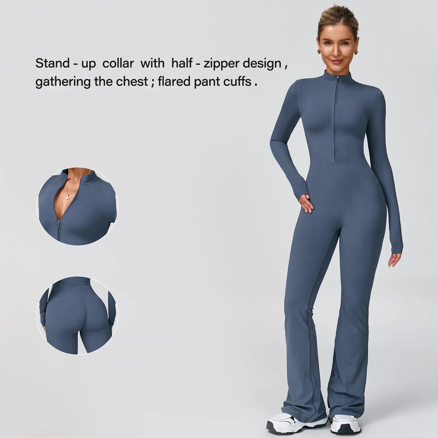 NVWA Women'S Long Sleeve Flared Zipper Covered Bust Sports Jumpsuit - Wide Leg Bodysuit, Athletic Style Activewear, Workout Gym Clothing, Stylish Activewear, Fitness Outfits for Gym, Pilates, Outdoor Fun,Summervibes