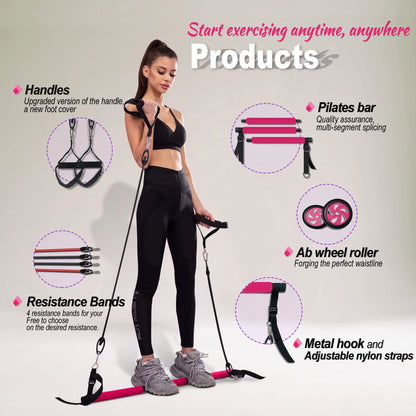 HOTWAVE Pilates Barbell Set with 4 Resistance Bands for Legs, Buttocks, Waist, Arms, Squats, Pilates Fitness Equipment for Home Workouts, Adjustable Length, Suitable for Men Women Yoga Training