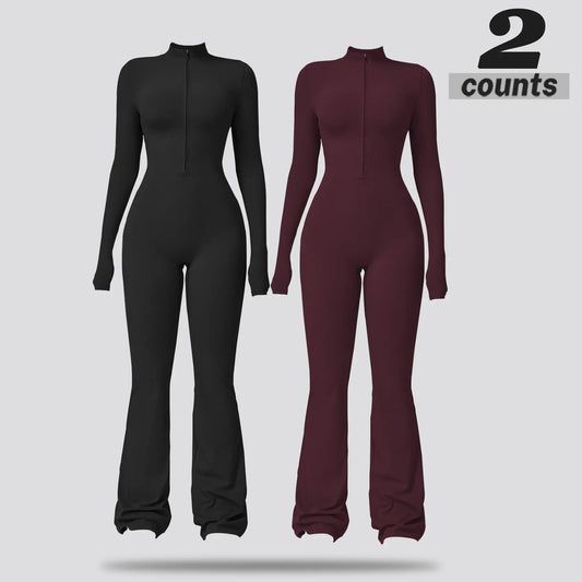 NVWA Women'S Long Sleeve Flared Zipper Covered Bust Sports Jumpsuit - Wide Leg Bodysuit, Athletic Style Activewear, Workout Gym Clothing, Stylish Activewear, Fitness Outfits for Gym, Pilates, Outdoor Fun,Summervibes
