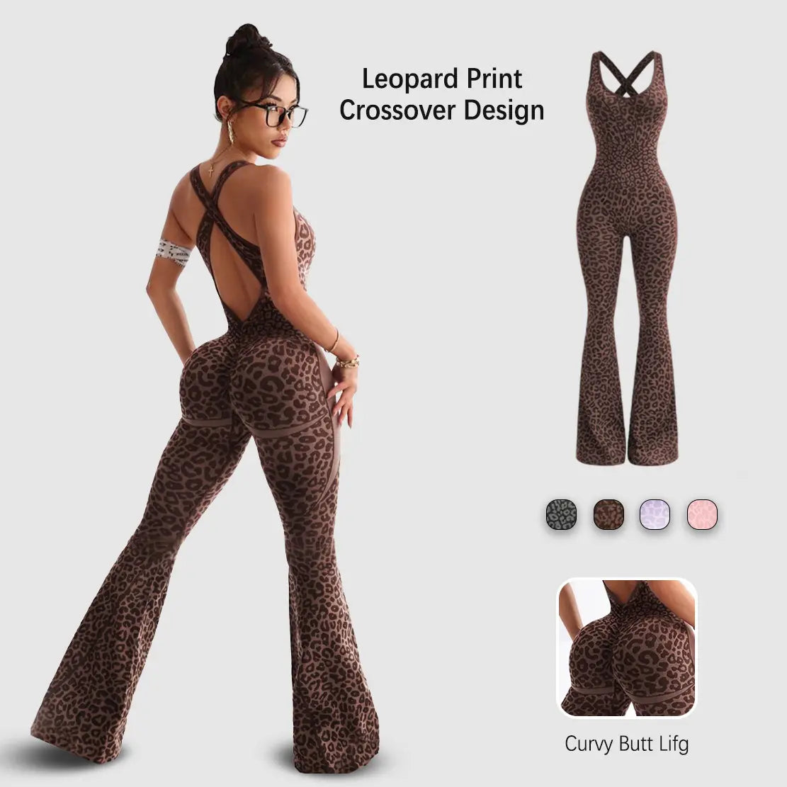 NVWA Women'S Leopard Print Flared Sports Jumpsuit - Backless Cut, Sexy Hollow Cross-Twisted Back, High-Waisted Gym Bodysuit, Cooling Quick-Drying Figure-Flattering Comfy, Sports Clothes, Outfits, Yoga Wear for Yoga, Workout, Outdoor Fun,Summervibes