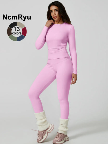 Two-Piece Set Women'S Patchwork High Elastic Soft round Neck Flat Shoulder Long Sleeve Slim Fit Beautiful Hip Tight Pants Yoga Clothes Suit Workout Running Clothes Four Seasons Outdoor Running Cycling Hiking Walking Shopping Fashion Suit Gym