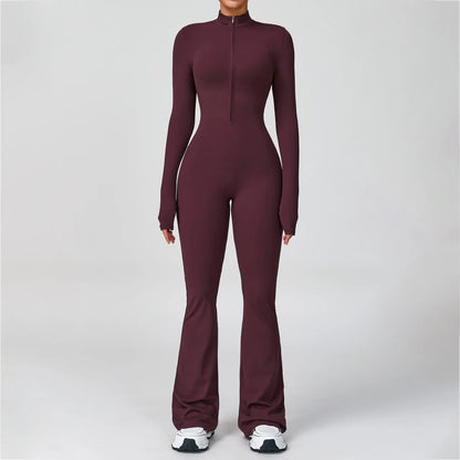 NVWA Women'S Long Sleeve Flared Zipper Covered Bust Sports Jumpsuit - Wide Leg Bodysuit, Athletic Style Activewear, Workout Gym Clothing, Stylish Activewear, Fitness Outfits for Gym, Pilates, Outdoor Fun,Summervibes