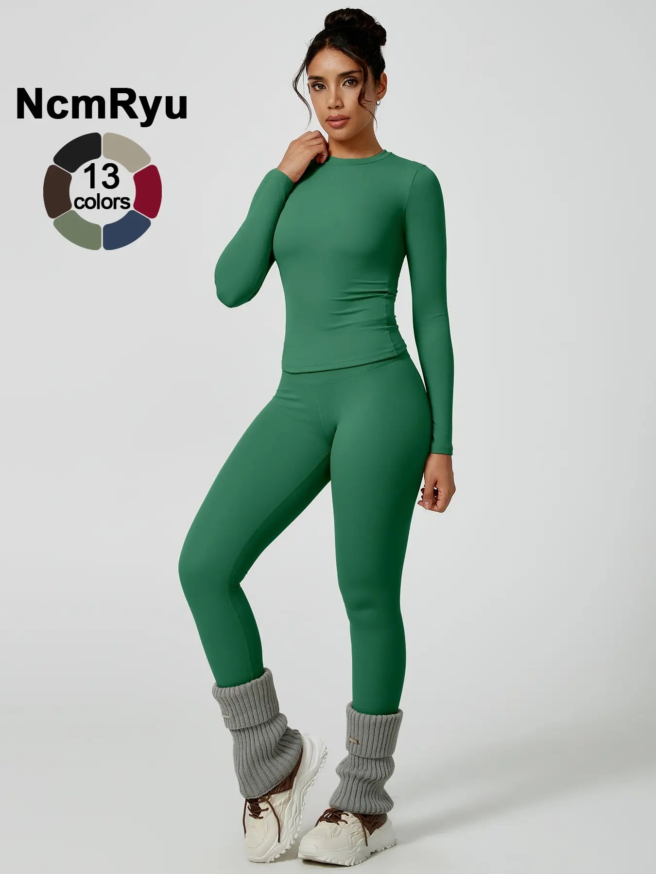 Two-Piece Set Women'S Patchwork High Elastic Soft round Neck Flat Shoulder Long Sleeve Slim Fit Beautiful Hip Tight Pants Yoga Clothes Suit Workout Running Clothes Four Seasons Outdoor Running Cycling Hiking Walking Shopping Fashion Suit Gym