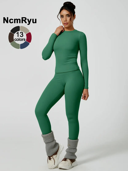 Two-Piece Set Women'S Patchwork High Elastic Soft round Neck Flat Shoulder Long Sleeve Slim Fit Beautiful Hip Tight Pants Yoga Clothes Suit Workout Running Clothes Four Seasons Outdoor Running Cycling Hiking Walking Shopping Fashion Suit Gym