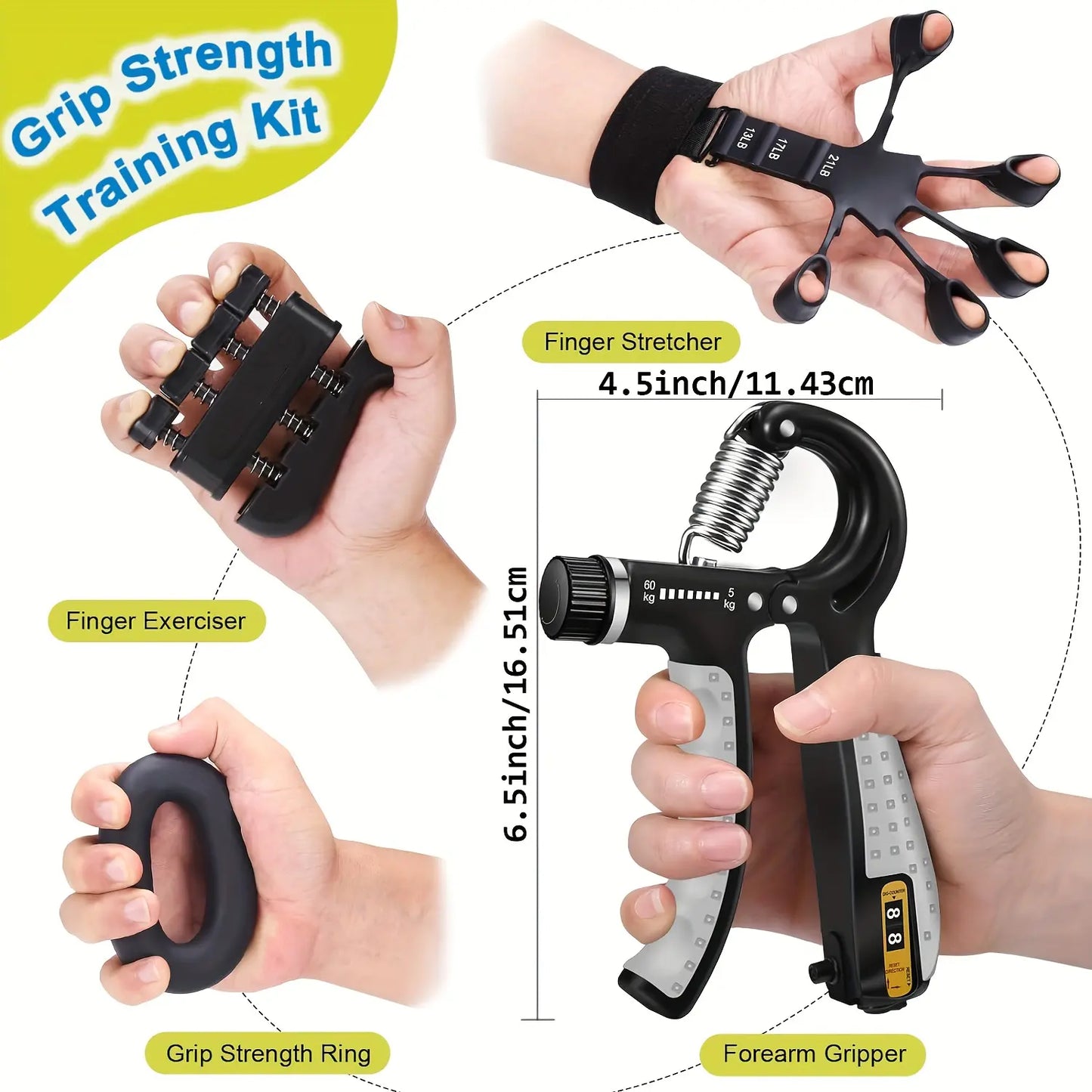 Pro Grip Trainer 4-Pack Adjustable Resistance (10-130 Lbs) - Forearm Exerciser for Muscle Development and Grip Strength Improvement (Office, Gym, Carpal Tunnel Relief)