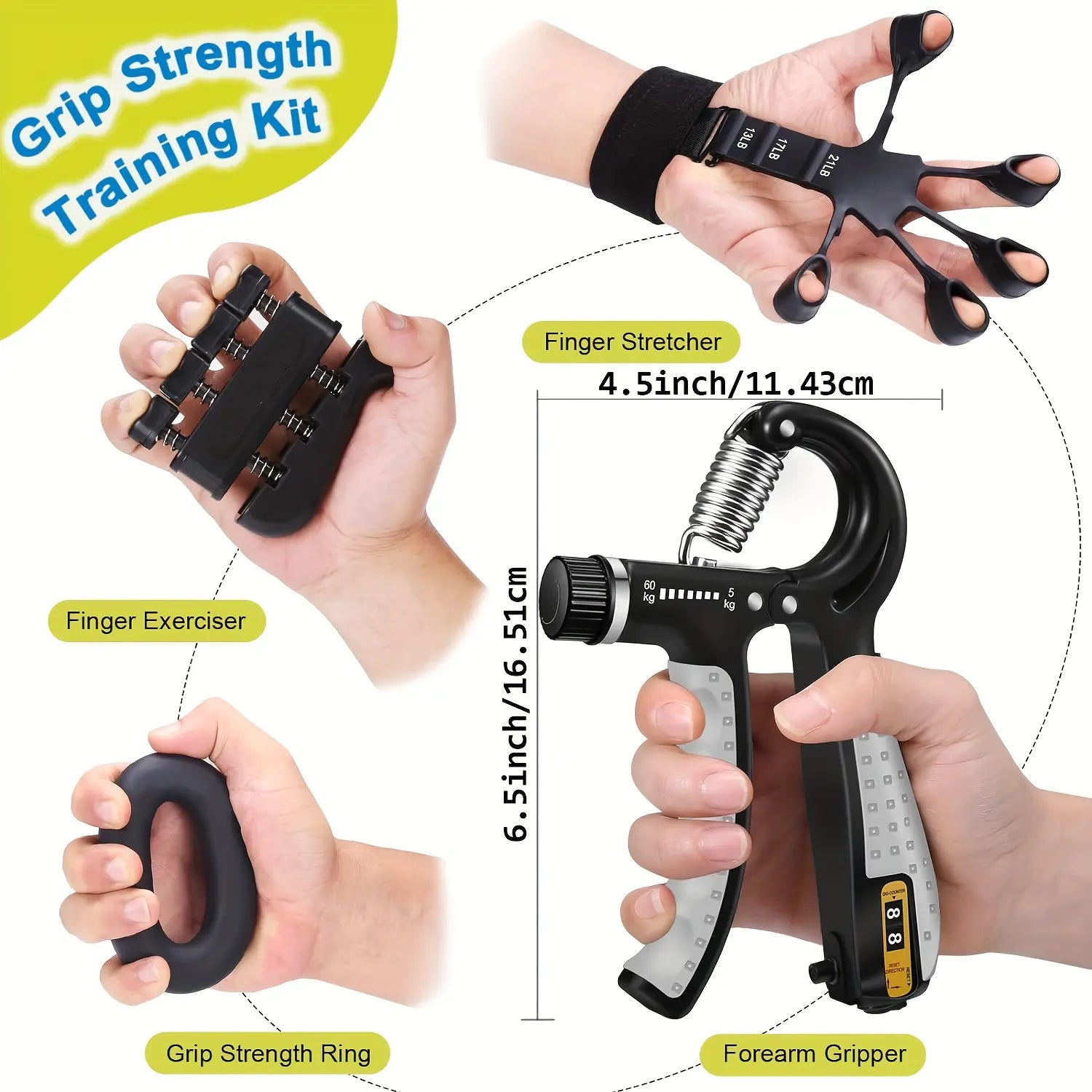 Pro Grip Trainer 4-Pack Adjustable Resistance (10-130 Lbs) - Forearm Exerciser for Muscle Development and Grip Strength Improvement (Office, Gym, Carpal Tunnel Relief)
