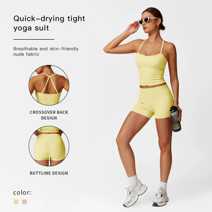 MFVIM Women'S Yoga Wear Backless Lace up Sports Bra and High Waisted Hip Lifting Shorts Matching Workout Set Butt-Lifting Pilates Improver Suit Sleeveless Gym Tops Lightweight Activewear Running Outfits Sporty Style Clothes