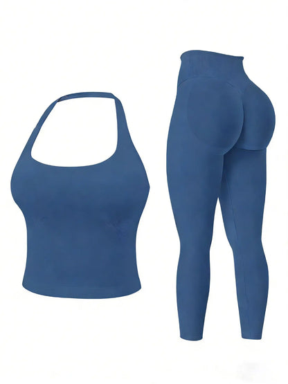 Two-Piece Set Women'S Solid Seamless Crop Tank Top & High Waist Leggings Tracksuit Set Gym Sets, Sporty Casual Breathable Comfortable Outfits for Yoga Gym Workout Running, Ladies Sportswear for All Seasons, Fitness Outfit, Fitness Clothing