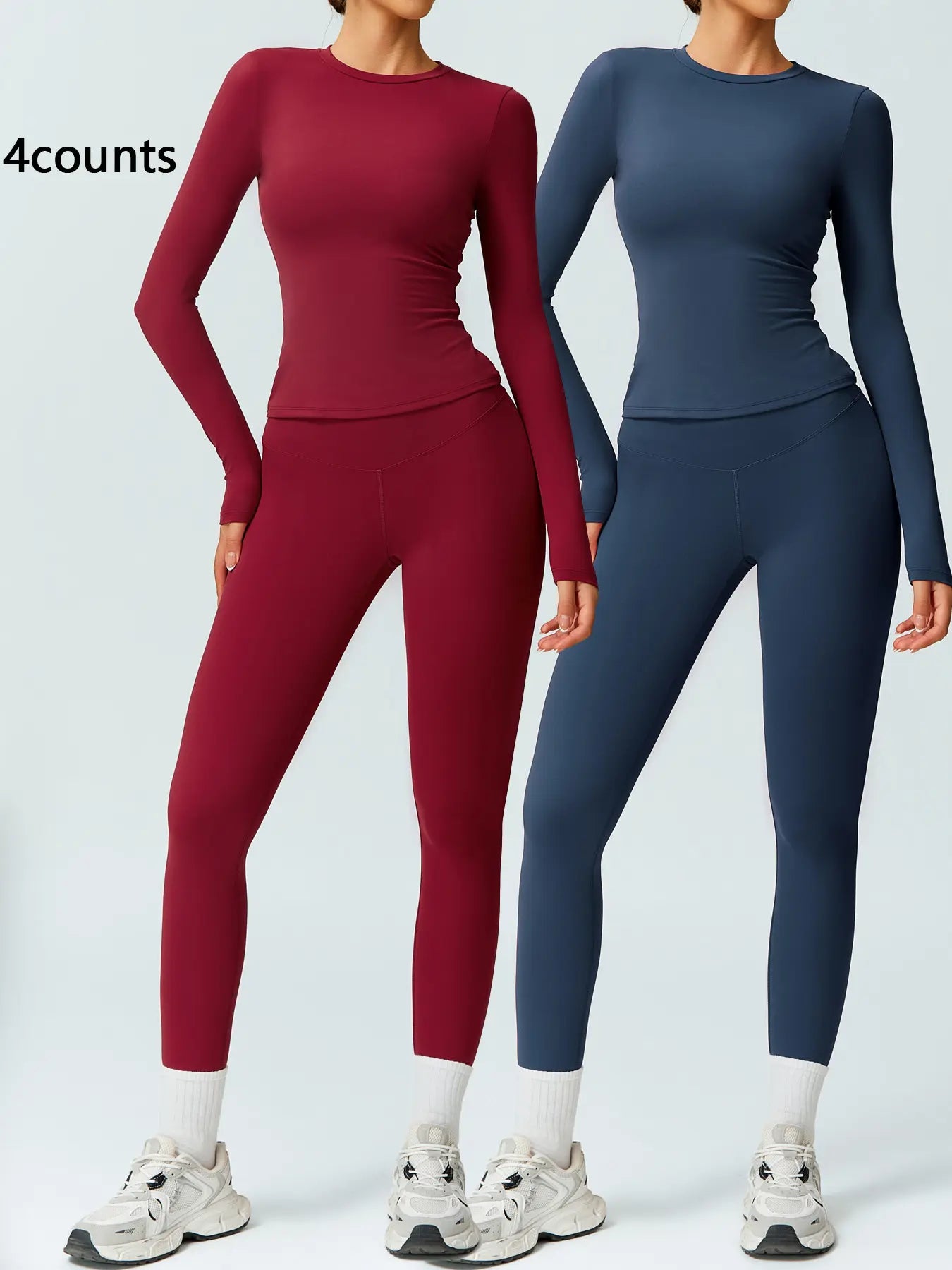 Two-Piece Set Women'S Patchwork High Elastic Soft round Neck Flat Shoulder Long Sleeve Slim Fit Beautiful Hip Tight Pants Yoga Clothes Suit Workout Running Clothes Four Seasons Outdoor Running Cycling Hiking Walking Shopping Fashion Suit Gym