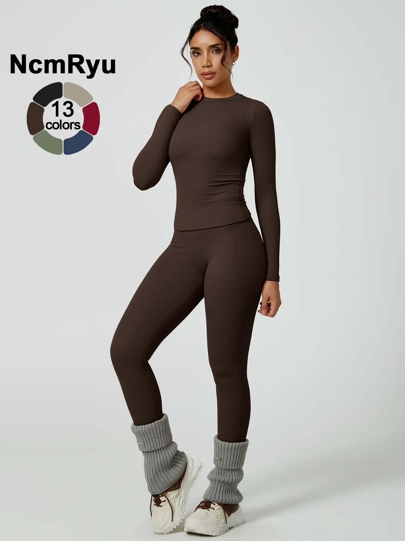 Two-Piece Set Women'S Patchwork High Elastic Soft round Neck Flat Shoulder Long Sleeve Slim Fit Beautiful Hip Tight Pants Yoga Clothes Suit Workout Running Clothes Four Seasons Outdoor Running Cycling Hiking Walking Shopping Fashion Suit Gym