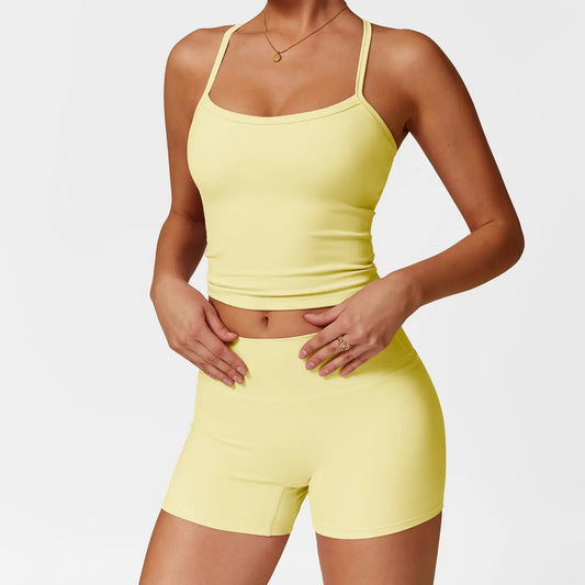 MFVIM Women'S Yoga Wear Backless Lace up Sports Bra and High Waisted Hip Lifting Shorts Matching Workout Set Butt-Lifting Pilates Improver Suit Sleeveless Gym Tops Lightweight Activewear Running Outfits Sporty Style Clothes