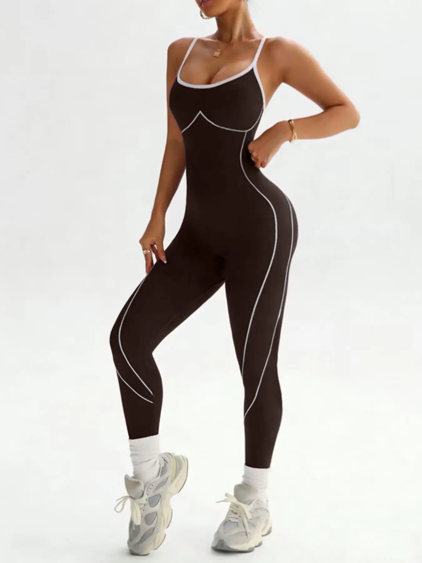 Women'S Seamless High Stretch Knit Halter Sporty Jumpsuit Tight Fit Nine-Quarter Pants, Back Cross Shoulder Straps, Outdoor Cycling Gym Yoga Daily Wear