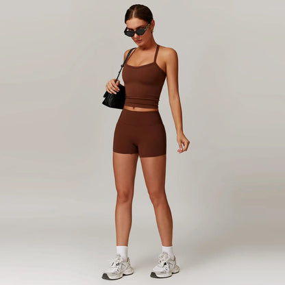 MFVIM Women'S Yoga Wear Backless Lace up Sports Bra and High Waisted Hip Lifting Shorts Matching Workout Set Butt-Lifting Pilates Improver Suit Sleeveless Gym Tops Lightweight Activewear Running Outfits Sporty Style Clothes