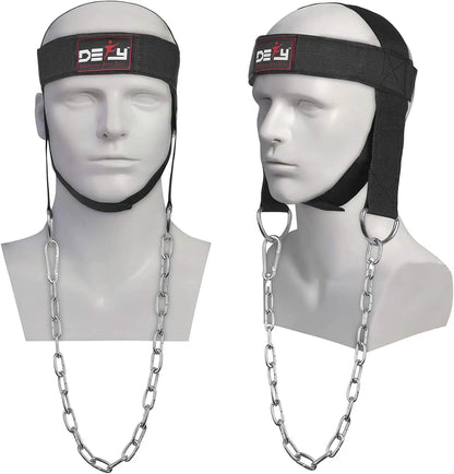 DEFY Neck Harness, Weight Lifting Neck Exerciser - Workout Equipment for Head, Neck Strengthener for Gym Training – Head Exercise for Men Women - Nylon Adjustable Straps with Metal Chain (Black)
