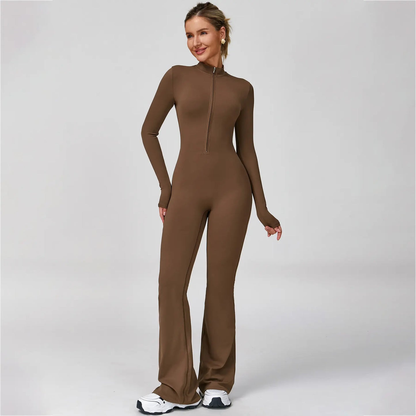 NVWA Women'S Long Sleeve Flared Zipper Covered Bust Sports Jumpsuit - Wide Leg Bodysuit, Athletic Style Activewear, Workout Gym Clothing, Stylish Activewear, Fitness Outfits for Gym, Pilates, Outdoor Fun,Summervibes