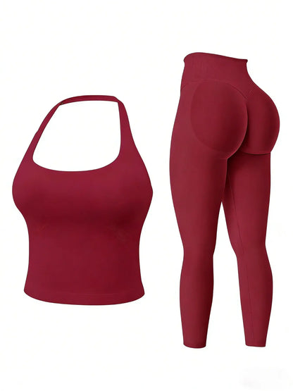 Two-Piece Set Women'S Solid Seamless Crop Tank Top & High Waist Leggings Tracksuit Set Gym Sets, Sporty Casual Breathable Comfortable Outfits for Yoga Gym Workout Running, Ladies Sportswear for All Seasons, Fitness Outfit, Fitness Clothing