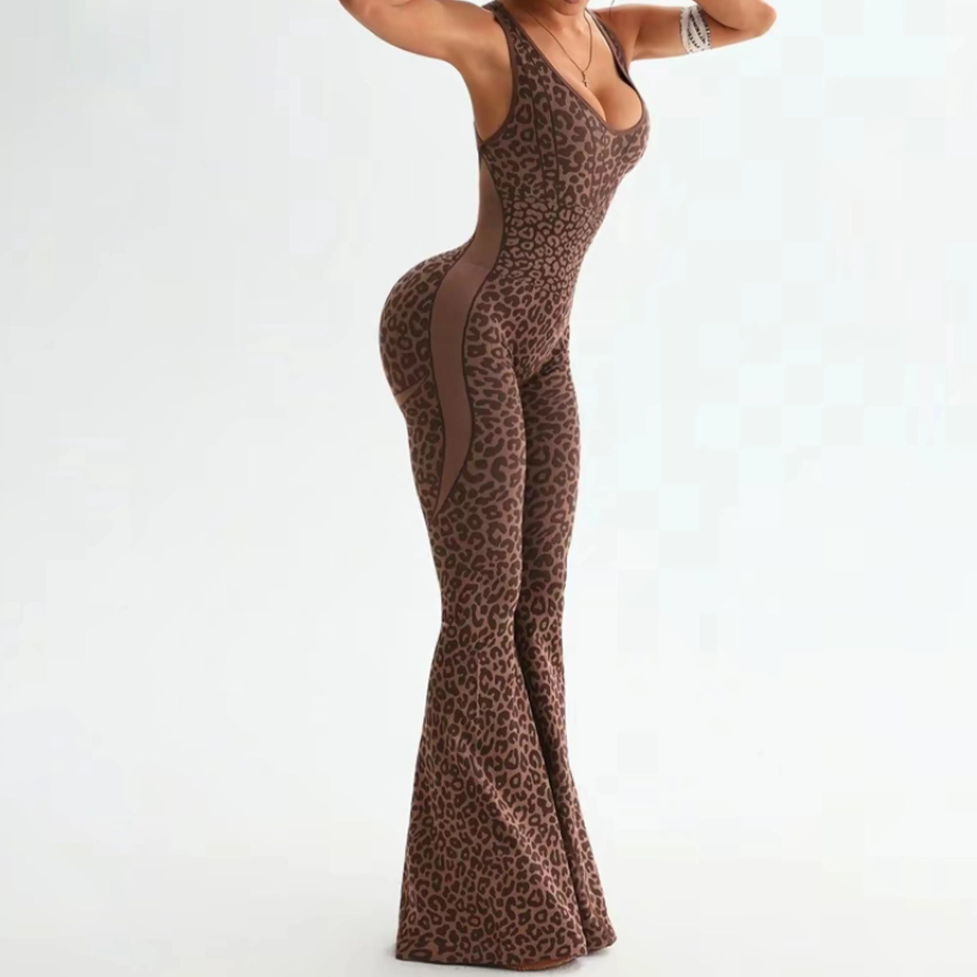 NVWA Women'S Leopard Print Flared Sports Jumpsuit - Backless Cut, Sexy Hollow Cross-Twisted Back, High-Waisted Gym Bodysuit, Cooling Quick-Drying Figure-Flattering Comfy, Sports Clothes, Outfits, Yoga Wear for Yoga, Workout, Outdoor Fun,Summervibes