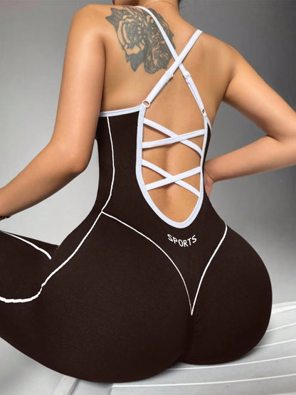 Women'S Seamless High Stretch Knit Halter Sporty Jumpsuit Tight Fit Nine-Quarter Pants, Back Cross Shoulder Straps, Outdoor Cycling Gym Yoga Daily Wear