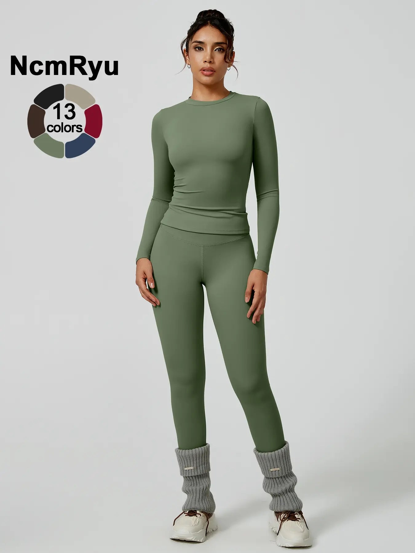 Two-Piece Set Women'S Patchwork High Elastic Soft round Neck Flat Shoulder Long Sleeve Slim Fit Beautiful Hip Tight Pants Yoga Clothes Suit Workout Running Clothes Four Seasons Outdoor Running Cycling Hiking Walking Shopping Fashion Suit Gym