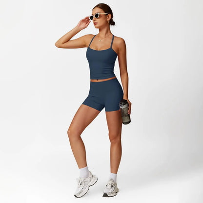 MFVIM Women'S Yoga Wear Backless Lace up Sports Bra and High Waisted Hip Lifting Shorts Matching Workout Set Butt-Lifting Pilates Improver Suit Sleeveless Gym Tops Lightweight Activewear Running Outfits Sporty Style Clothes