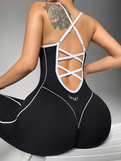 Women'S Seamless High Stretch Knit Halter Sporty Jumpsuit Tight Fit Nine-Quarter Pants, Back Cross Shoulder Straps, Outdoor Cycling Gym Yoga Daily Wear