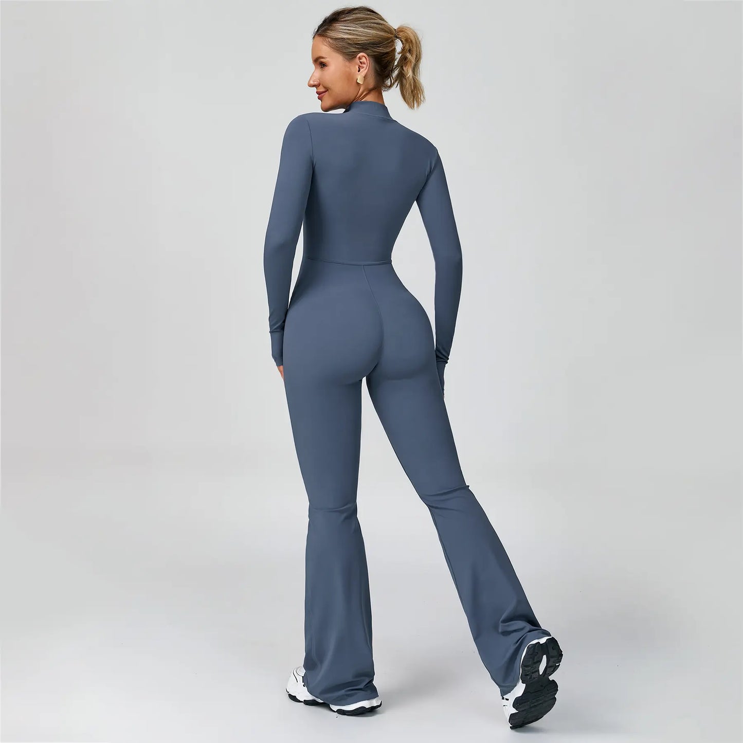 NVWA Women'S Long Sleeve Flared Zipper Covered Bust Sports Jumpsuit - Wide Leg Bodysuit, Athletic Style Activewear, Workout Gym Clothing, Stylish Activewear, Fitness Outfits for Gym, Pilates, Outdoor Fun,Summervibes