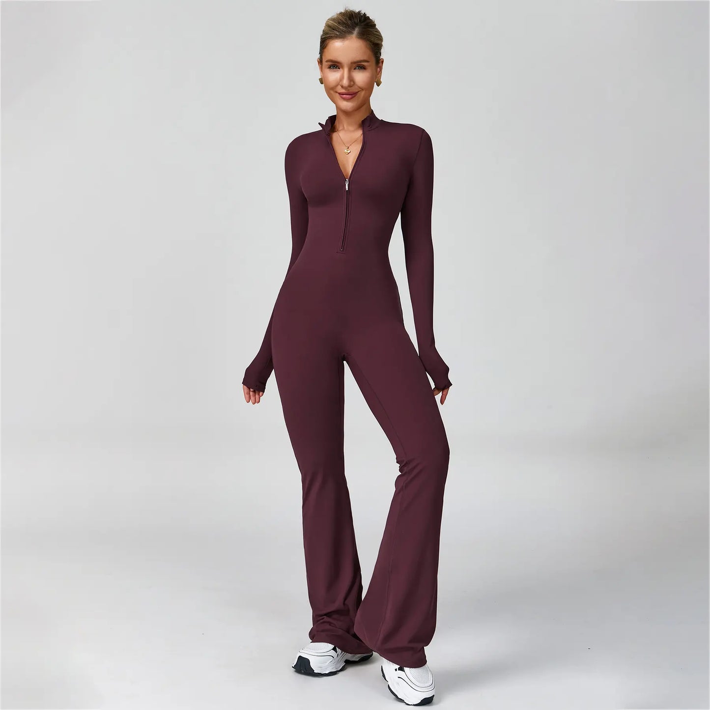 NVWA Women'S Long Sleeve Flared Zipper Covered Bust Sports Jumpsuit - Wide Leg Bodysuit, Athletic Style Activewear, Workout Gym Clothing, Stylish Activewear, Fitness Outfits for Gym, Pilates, Outdoor Fun,Summervibes