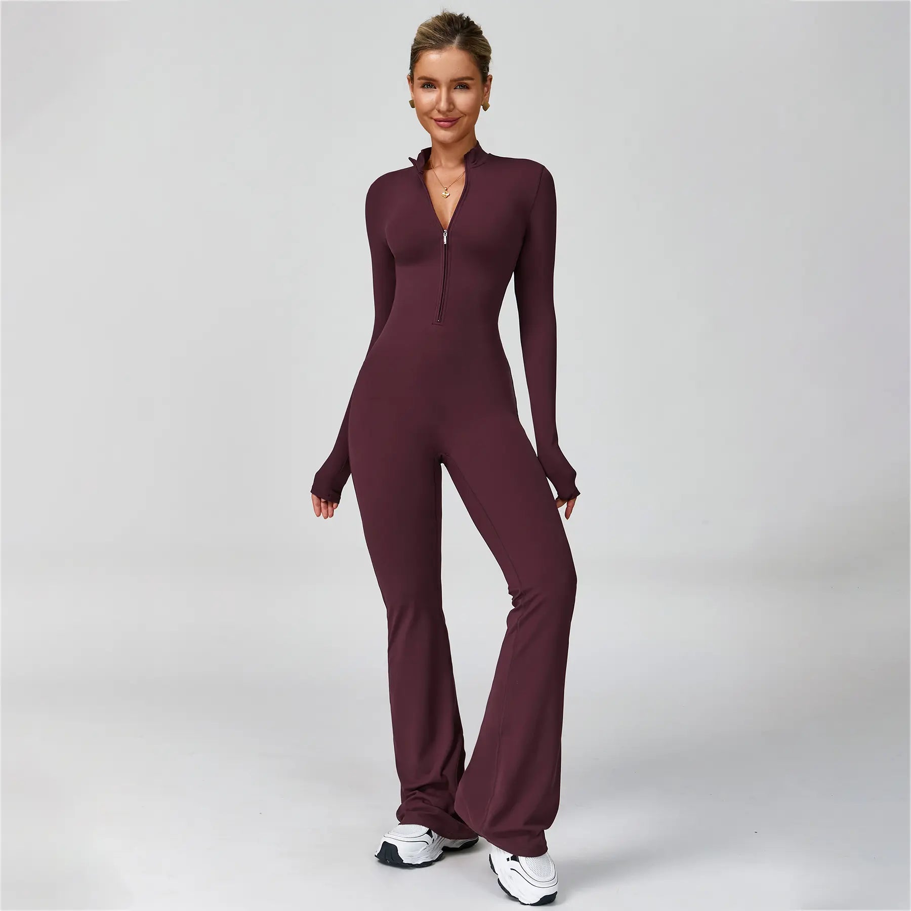 NVWA Women'S Long Sleeve Flared Zipper Covered Bust Sports Jumpsuit - Wide Leg Bodysuit, Athletic Style Activewear, Workout Gym Clothing, Stylish Activewear, Fitness Outfits for Gym, Pilates, Outdoor Fun,Summervibes
