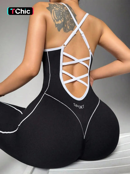 Women'S Seamless High Stretch Knit Halter Sporty Jumpsuit Tight Fit Nine-Quarter Pants, Back Cross Shoulder Straps, Outdoor Cycling Gym Yoga Daily Wear