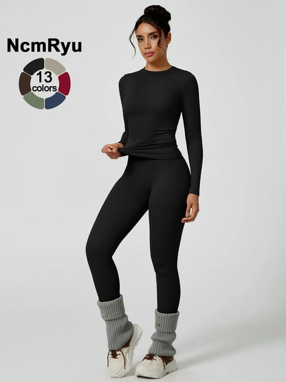 Two-Piece Set Women'S Patchwork High Elastic Soft round Neck Flat Shoulder Long Sleeve Slim Fit Beautiful Hip Tight Pants Yoga Clothes Suit Workout Running Clothes Four Seasons Outdoor Running Cycling Hiking Walking Shopping Fashion Suit Gym