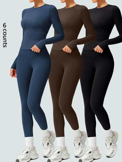 Two-Piece Set Women'S Patchwork High Elastic Soft round Neck Flat Shoulder Long Sleeve Slim Fit Beautiful Hip Tight Pants Yoga Clothes Suit Workout Running Clothes Four Seasons Outdoor Running Cycling Hiking Walking Shopping Fashion Suit Gym