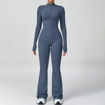 NVWA Women'S Long Sleeve Flared Zipper Covered Bust Sports Jumpsuit - Wide Leg Bodysuit, Athletic Style Activewear, Workout Gym Clothing, Stylish Activewear, Fitness Outfits for Gym, Pilates, Outdoor Fun,Summervibes