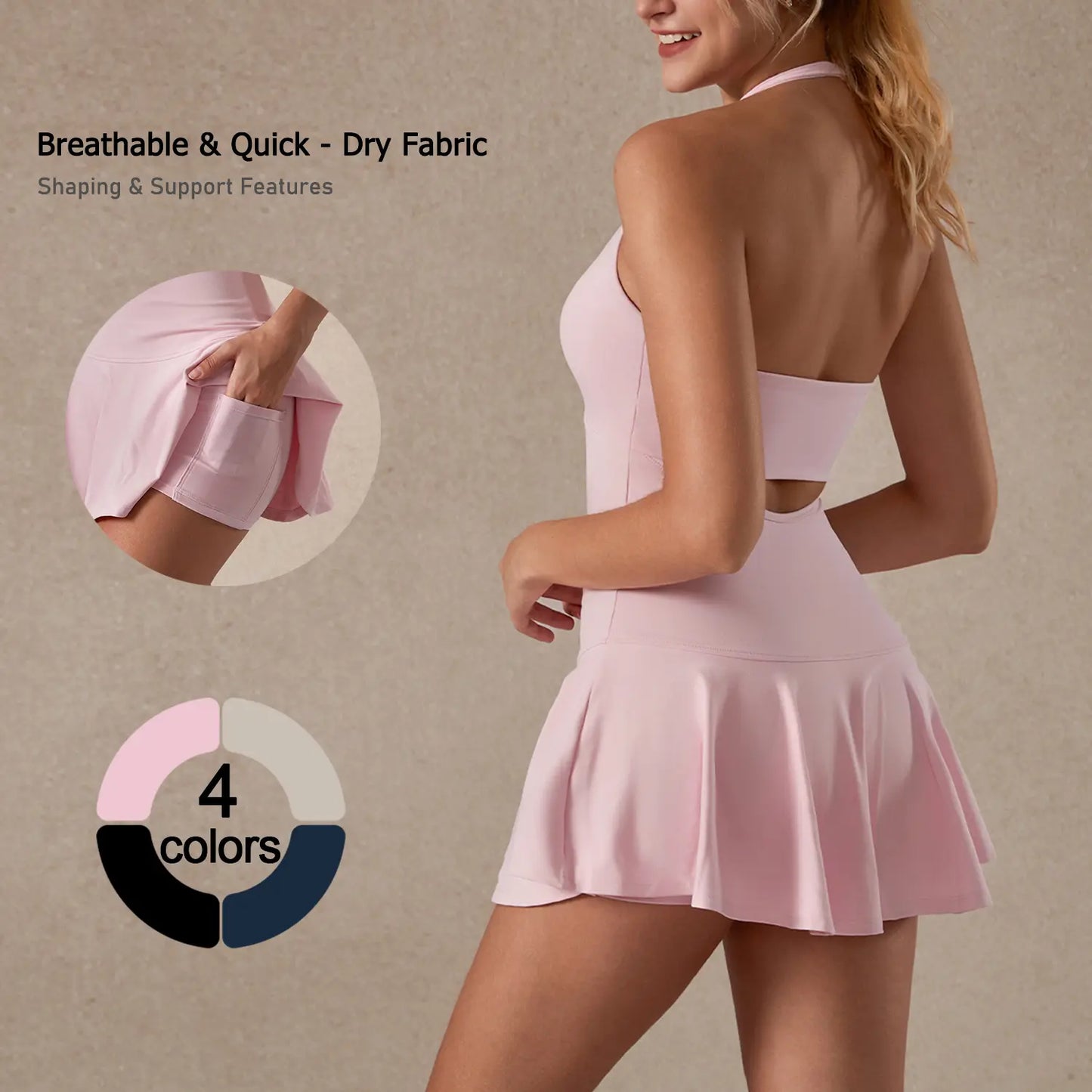 TIMEOFF Women'S Sleeveless Halter Backless Sporty Dress - Soft Stretch, Hidden Pockets - Gym Clothes Women, Ideal for Yoga, Tennis, Backless Sports Dress,Summervibes