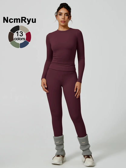 Two-Piece Set Women'S Patchwork High Elastic Soft round Neck Flat Shoulder Long Sleeve Slim Fit Beautiful Hip Tight Pants Yoga Clothes Suit Workout Running Clothes Four Seasons Outdoor Running Cycling Hiking Walking Shopping Fashion Suit Gym