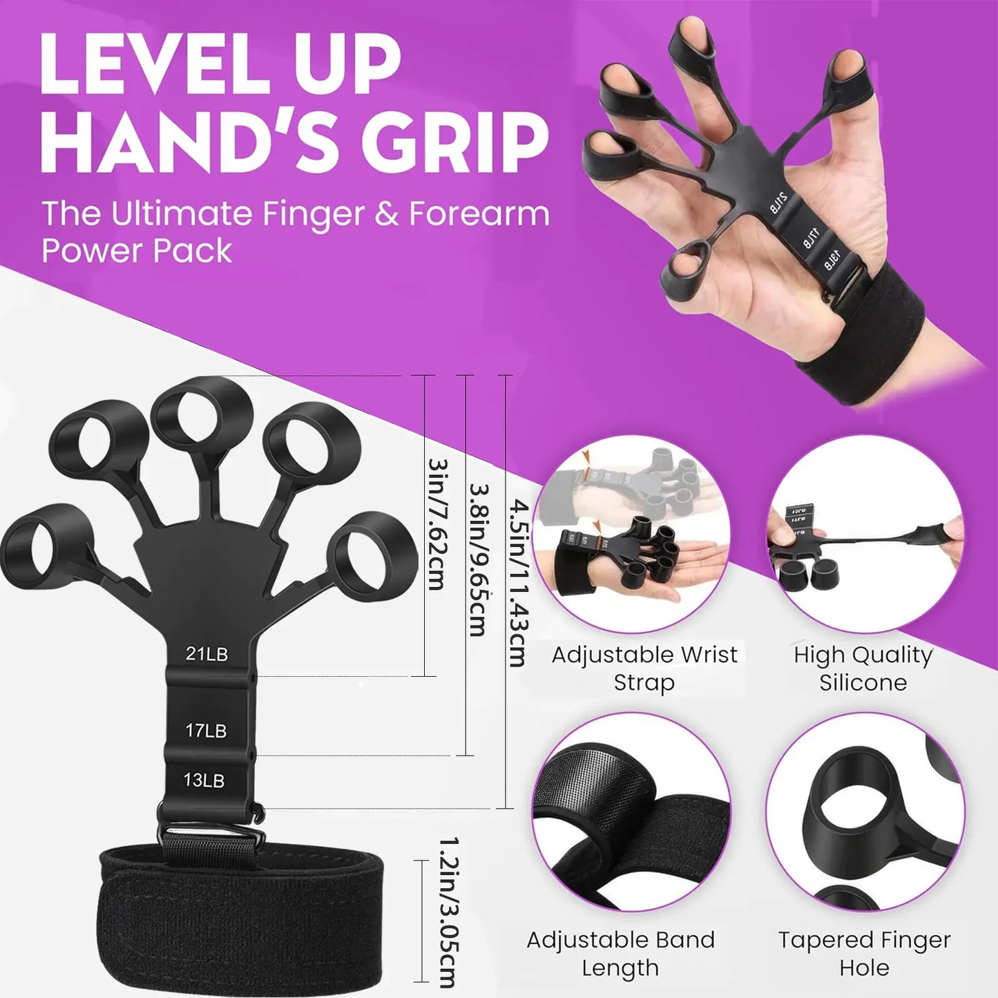 Pro Grip Trainer 4-Pack Adjustable Resistance (10-130 Lbs) - Forearm Exerciser for Muscle Development and Grip Strength Improvement (Office, Gym, Carpal Tunnel Relief)