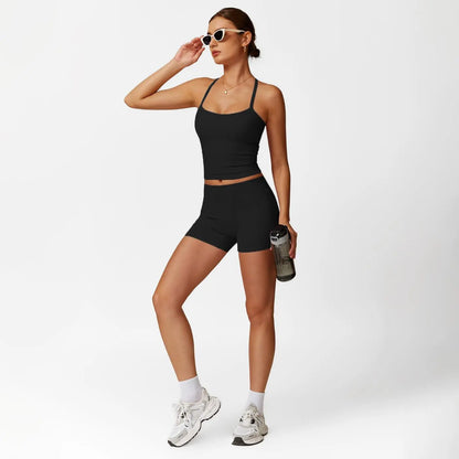 MFVIM Women'S Yoga Wear Backless Lace up Sports Bra and High Waisted Hip Lifting Shorts Matching Workout Set Butt-Lifting Pilates Improver Suit Sleeveless Gym Tops Lightweight Activewear Running Outfits Sporty Style Clothes