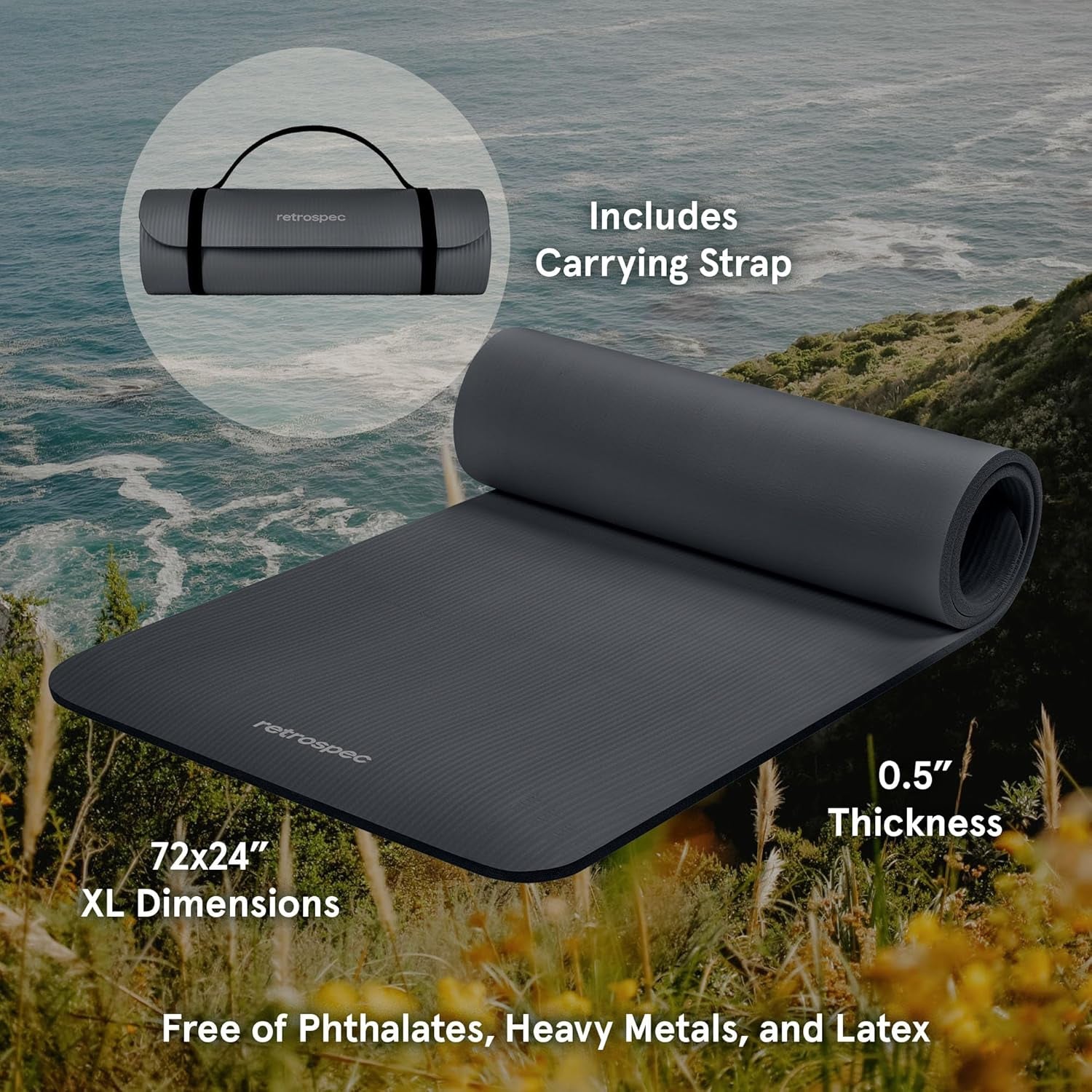 Premium Non-Slip Solana Yoga Mat with Nylon Strap - 72x24 Inches, Ideal for Pilates, Stretching, and Fitness - Easy to Clean and BPA Free