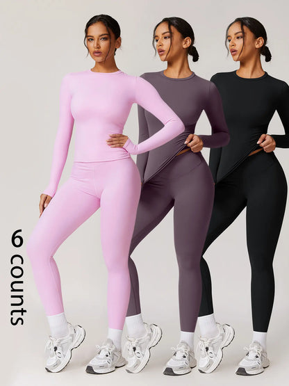 Two-Piece Set Women'S Patchwork High Elastic Soft round Neck Flat Shoulder Long Sleeve Slim Fit Beautiful Hip Tight Pants Yoga Clothes Suit Workout Running Clothes Four Seasons Outdoor Running Cycling Hiking Walking Shopping Fashion Suit Gym