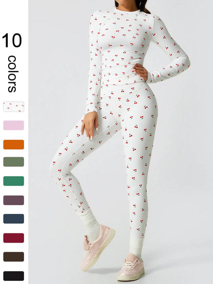 Two-Piece Set Women'S Patchwork High Elastic Soft round Neck Flat Shoulder Long Sleeve Slim Fit Beautiful Hip Tight Pants Yoga Clothes Suit Workout Running Clothes Four Seasons Outdoor Running Cycling Hiking Walking Shopping Fashion Suit Gym