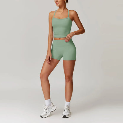 MFVIM Women'S Yoga Wear Backless Lace up Sports Bra and High Waisted Hip Lifting Shorts Matching Workout Set Butt-Lifting Pilates Improver Suit Sleeveless Gym Tops Lightweight Activewear Running Outfits Sporty Style Clothes
