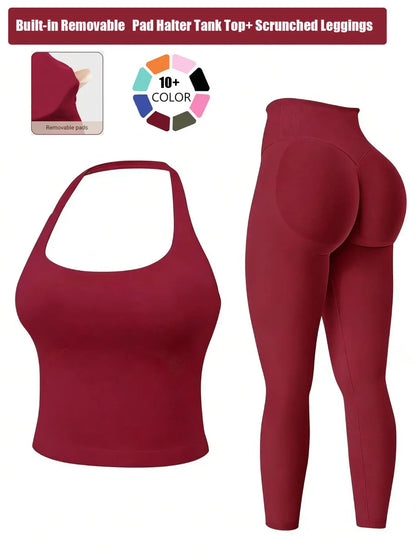 Two-Piece Set Women'S Solid Seamless Crop Tank Top & High Waist Leggings Tracksuit Set Gym Sets, Sporty Casual Breathable Comfortable Outfits for Yoga Gym Workout Running, Ladies Sportswear for All Seasons, Fitness Outfit, Fitness Clothing